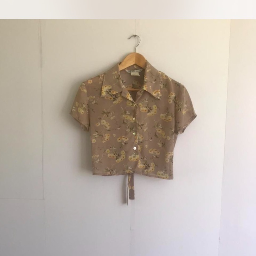 Vintage Sheer Floral Cropped Tie-Front Blouse